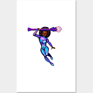 Be your own superhero - Black anime superhero girl from outer space ! beautiful  black girl with Afro hair, brown eyes, Cherry pink lips and dark brown skin. Hair love ! Posters and Art